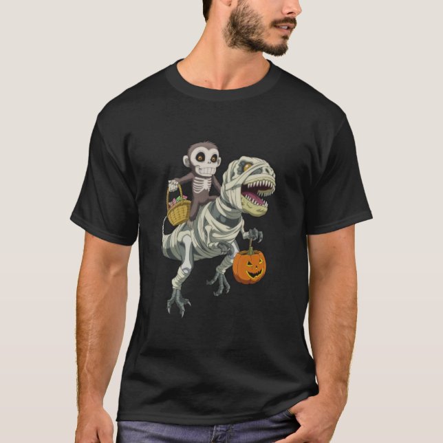 Monkey Skeleton Riding Mummy Dinosaur TRex Hallowe T-Shirt (Front)
