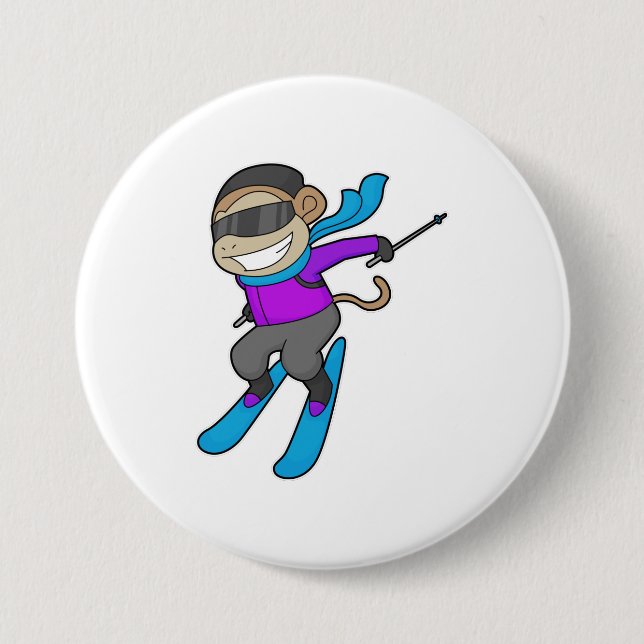 Monkey Skier Ski 3 Inch Round Button (Front)