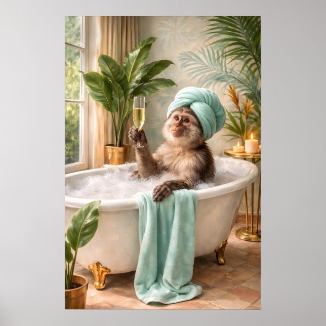 Monkey Spa Print, Humourous Tropical Bath Wall Art (Front)