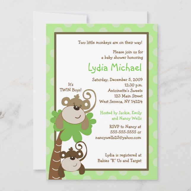 Monkey Time 5x7 TWINS Jungle Baby Shower Invitation (Front)