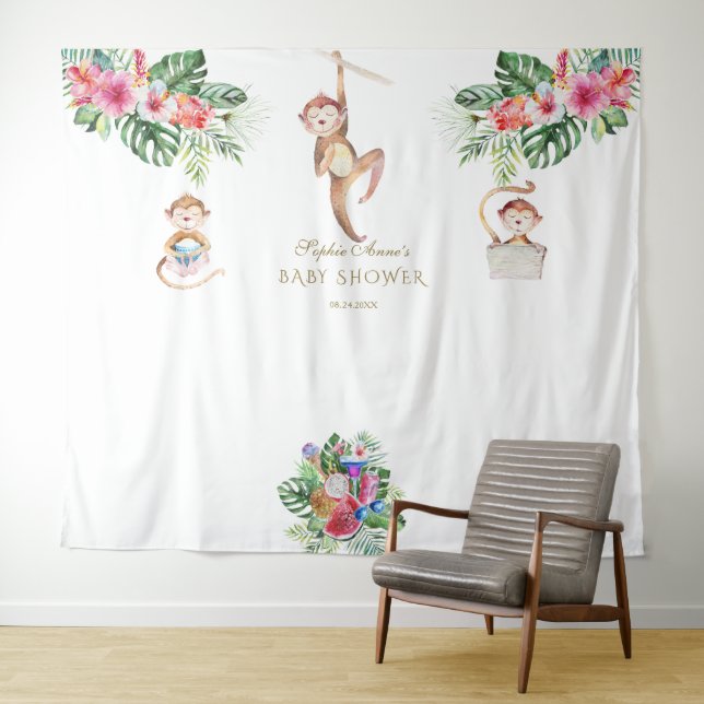 Monkey Tropical Floral Baby Shower Photo Booth Tapestry (In Situ (Horizontal))