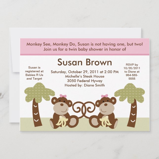 Monkey Twins Baby Girls Shower Invitation (Front)