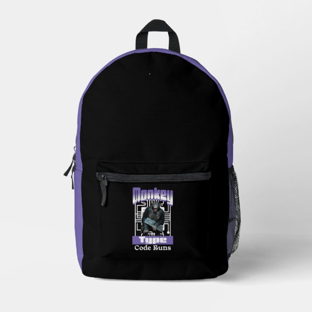 Monkey Typing Code Runs Programmer Humour Printed Backpack (Front)