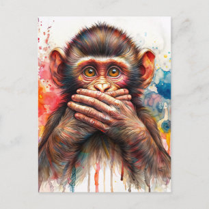 Monkey Watercolor Speak No Evil Art Postcard