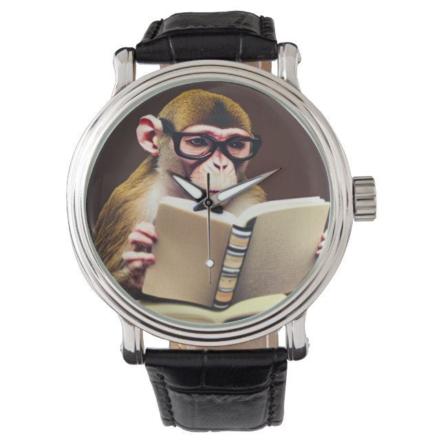 Monkey wearing glasses reading a book     watch (Front)