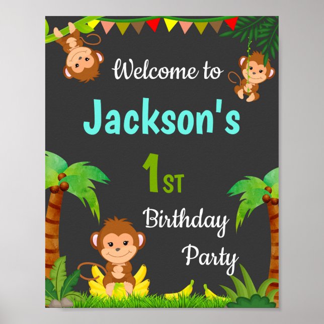 Monkey welcome party sign Boy jungle party poster (Front)