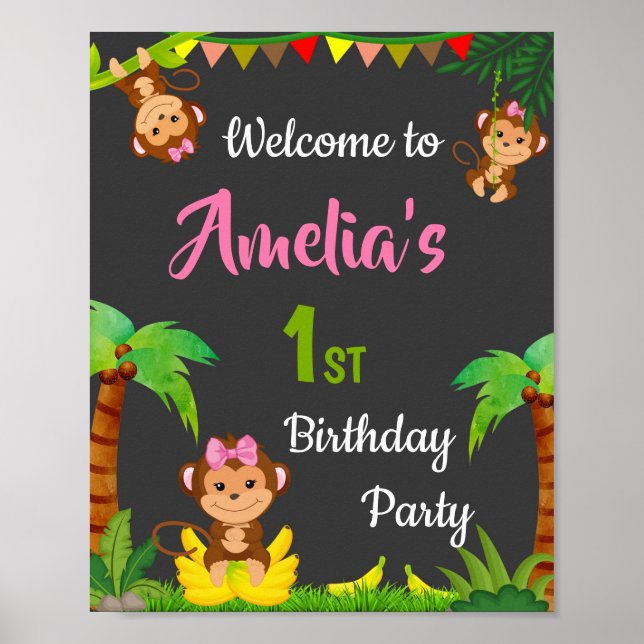 Monkey welcome party sign Girl jungle party poster (Front)