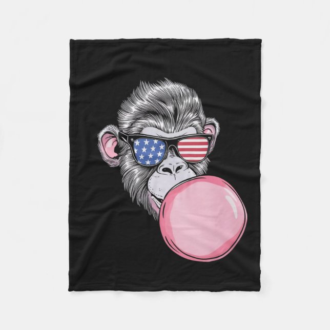 Monkey With American Flag Sungles 4th Of July Gift Fleece Blanket (Front)