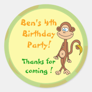 Monkey with Banana Birthday Party Stickers