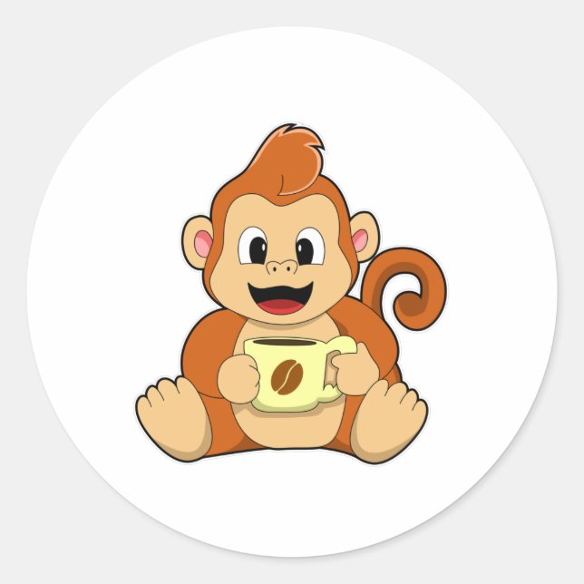 Monkey with Cup of Coffee Classic Round Sticker (Front)
