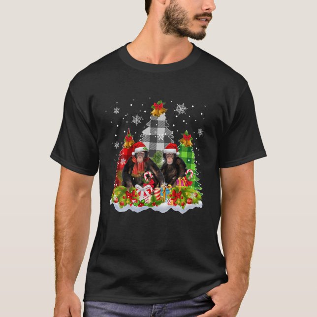 Monkey With Plaid Christmas Trees Snow Matching Fo T-Shirt (Front)