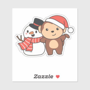 Monkey With Snowman In Winter For Christmas