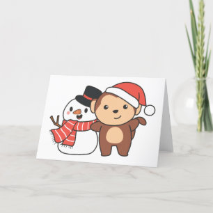 Monkey With Snowman In Winter For Christmas Holida Holiday Card