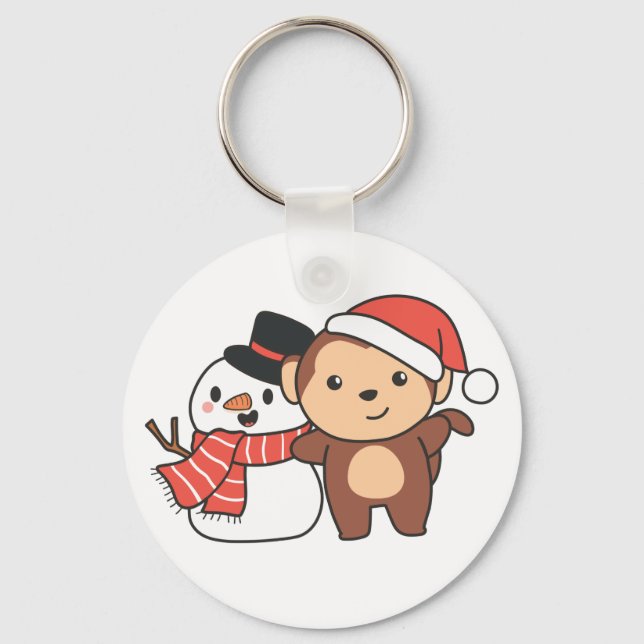 Monkey With Snowman In Winter For Christmas Keycha Keychain (Front)