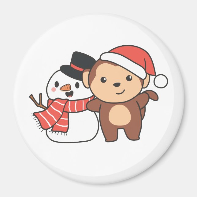 Monkey With Snowman In Winter For Christmas Magnet (Front)