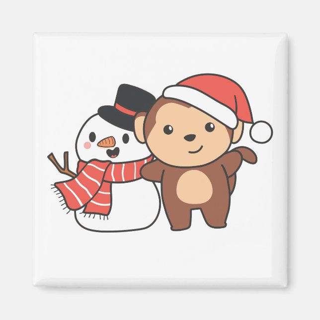 Monkey With Snowman In Winter For Christmas Magnet (Front)