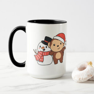Monkey With Snowman In Winter For Christmas Mug