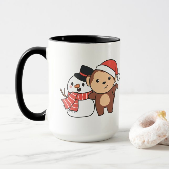 Monkey With Snowman In Winter For Christmas Mug (With Donut)