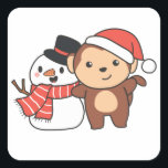 Monkey With Snowman In Winter For Christmas Square Square Sticker<br><div class="desc">Monkey with a snowman in winter for Christmas - a snowman for winter and Christmas. A winter greeting in the cold season for the holidays. Christmas monkey with snowman.</div>