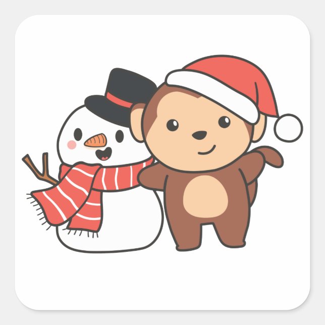 Monkey With Snowman In Winter For Christmas Square Sticker (Front)