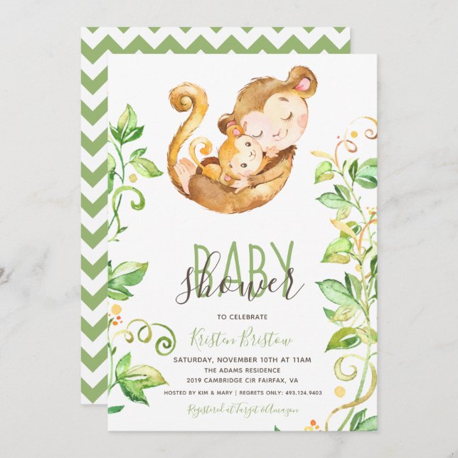 Monkey Zoo Animal Green Baby Shower Invitation (Front/Back)