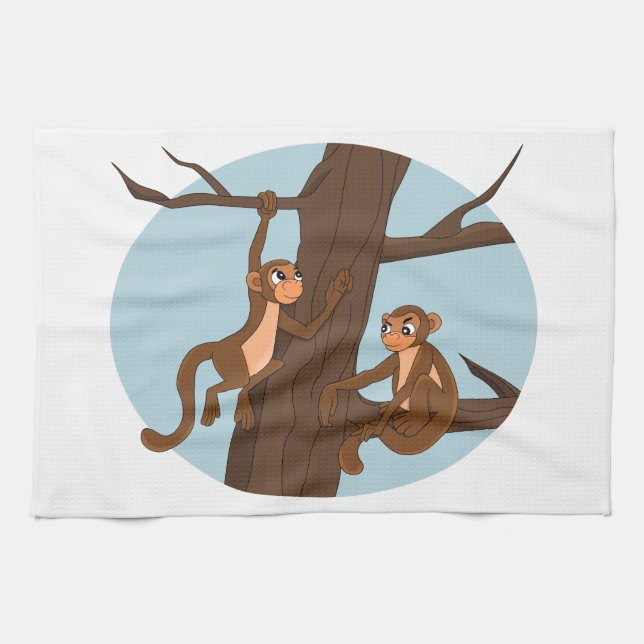Monkeys climbing the tree cartoon kitchen towel (Horizontal)