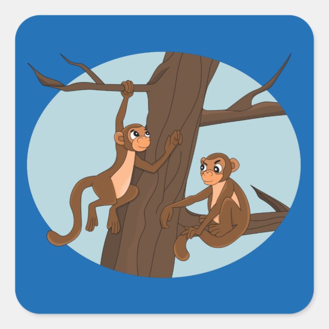 Monkeys climbing the tree cartoon square sticker (Front)