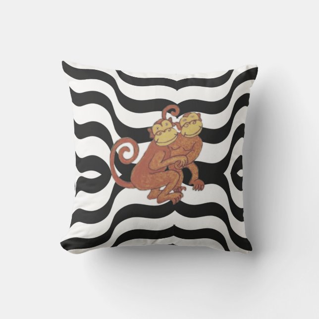 Monkeys on Zebra print Black and White Throw Pillow (Front)