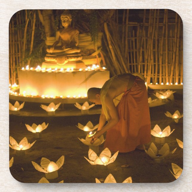 Monks lighting khom loy candles and lanterns for coaster (Front)