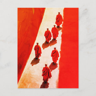 Monks Walking Red Robe Spiritual Journey Postcard