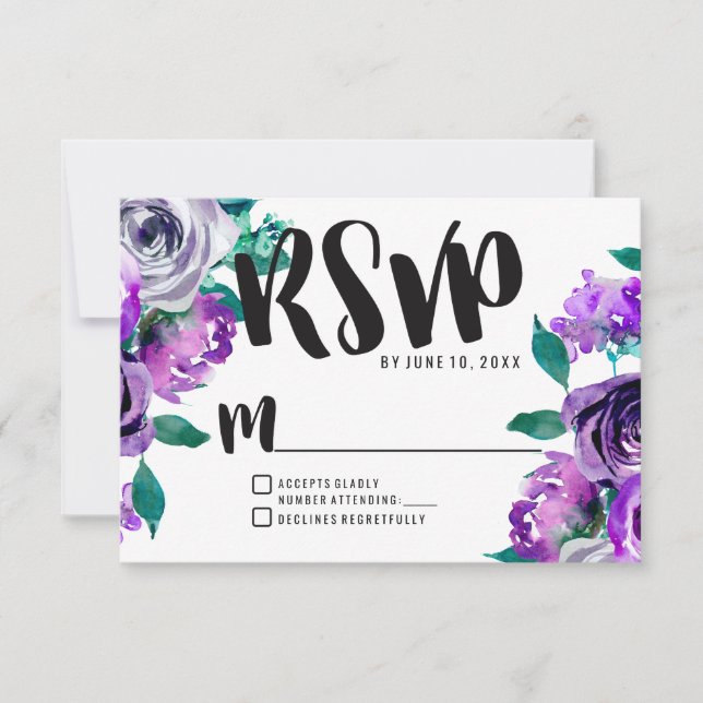 Monnaie et violet Rose Floral Mariage RSVP Réponse (Devant)