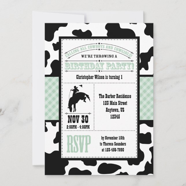 Monnaie Vert Cowhide Cowboy Invitation Anniversair (Devant)