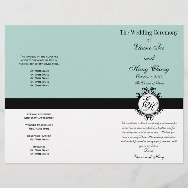 Monnaie Vert Noir Programme Mariage Chic Monogramm (Devant)