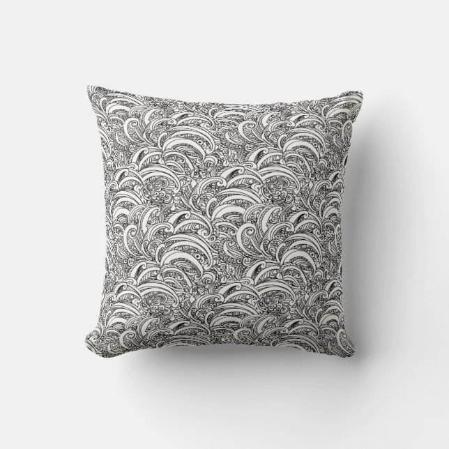 Mono black white paisley pattern ink pillow (Front)