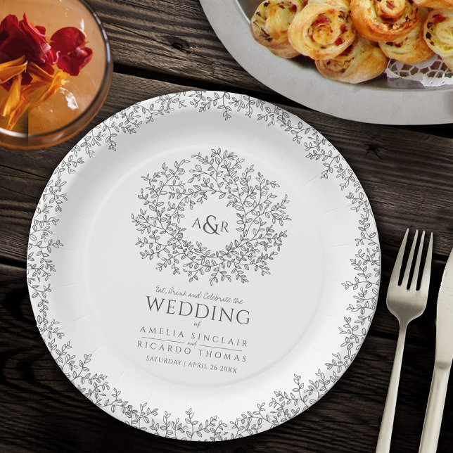 mono circle leaf drawing monogram wedding paper plate (Creator Uploaded)