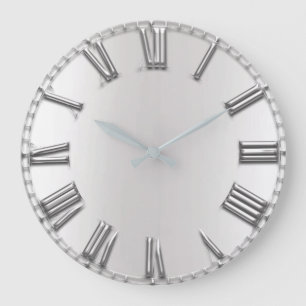 Monochrom Grey Metallic Grey Silver Roman Numbers Large Clock