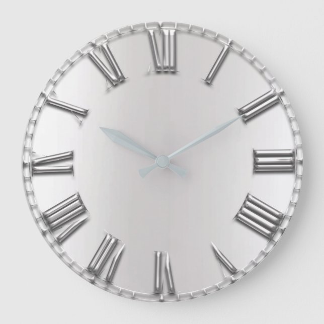 Monochrom Grey Metallic Grey Silver Roman Numbers Large Clock (Front)