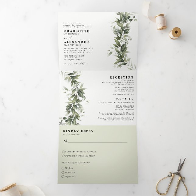 Monochromati Greenery All in one Wedding Tri-Fold Invitation (Inside)