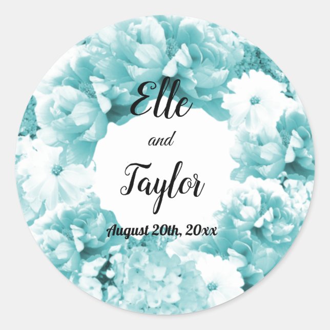Monochromatic Aqua Floral Wreath Wedding Sticker (Front)