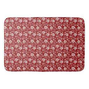 Monochromatic Baroque Floral Pattern, White on Red Bath Mat