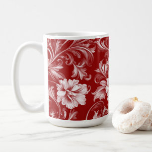 Monochromatic Baroque Floral Pattern, White on Red Coffee Mug
