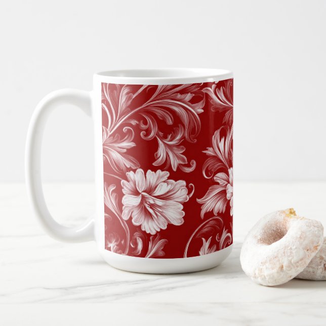 Monochromatic Baroque Floral Pattern, White on Red Coffee Mug (With Donut)