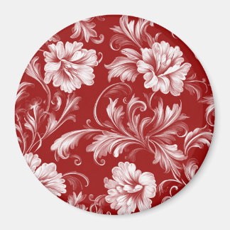 Monochromatic Baroque Floral Pattern, White on Red Magnet