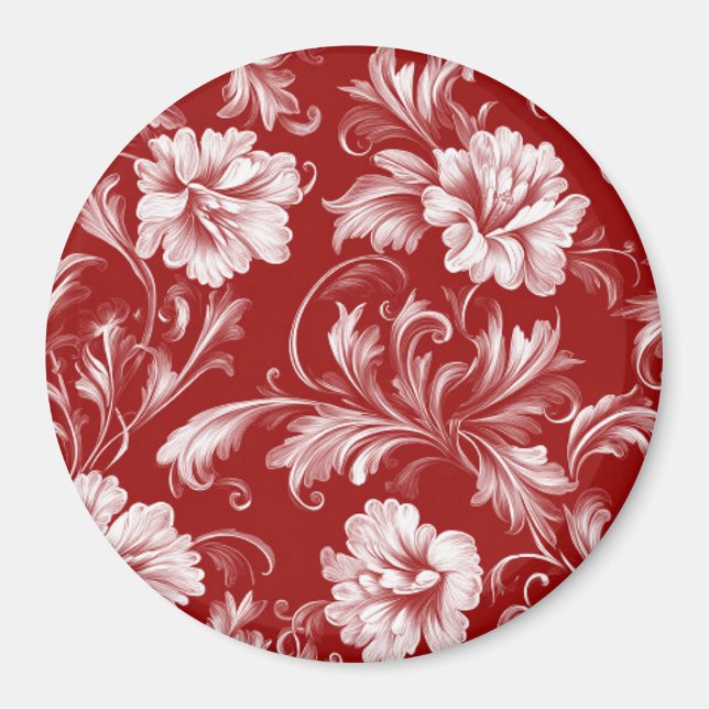 Monochromatic Baroque Floral Pattern, White on Red Magnet (Front)