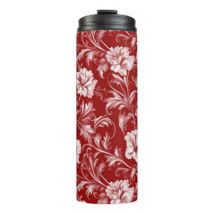 Monochromatic Baroque Floral Pattern, White on Red Thermal Tumbler