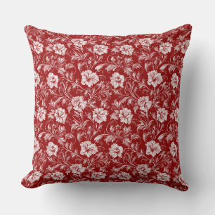 Monochromatic Baroque Floral Pattern, White on Red Throw Pillow