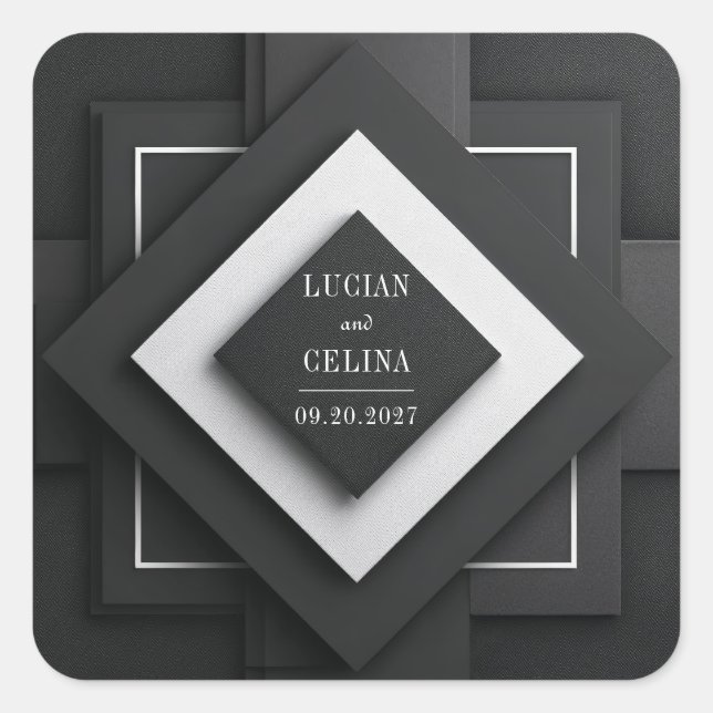 Monochromatic Black White Textured Diamond Wedding Square Sticker (Front)