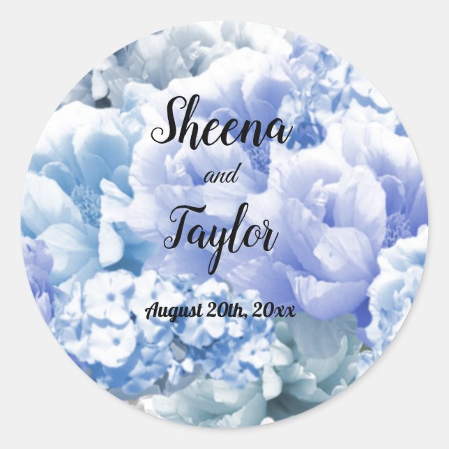 Monochromatic Blue Floral Wedding Sticker (Front)
