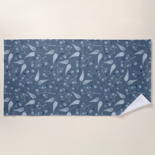 Monochromatic Blue-Grey Leafs & Berries Pattern Beach Towel (Front)