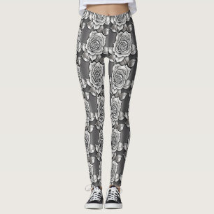 Monochromatic Dark Grey Roses Leggings